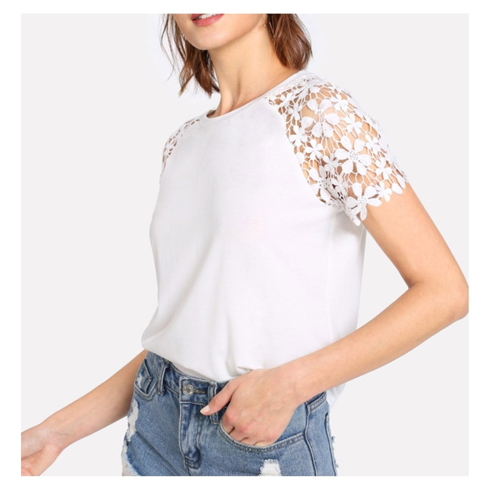 White Floral Lace Short Sleeve Solid Blouse